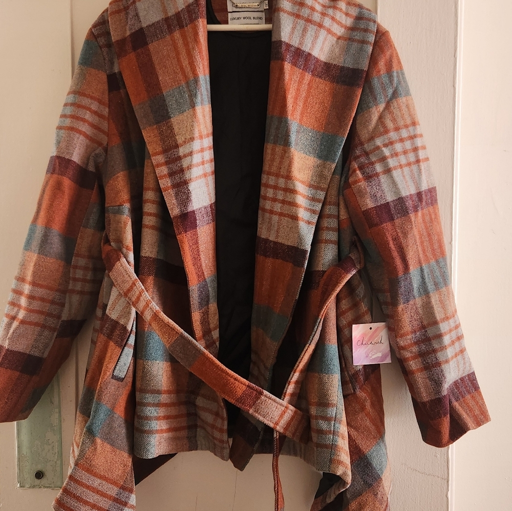 Wool Plaid Wrap Jacket with Belt NWT Plus Size - Picture 5 of 6